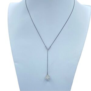 Sterling silver 925 necklace lariat gunmetal V pendant drop rhinestones dainty